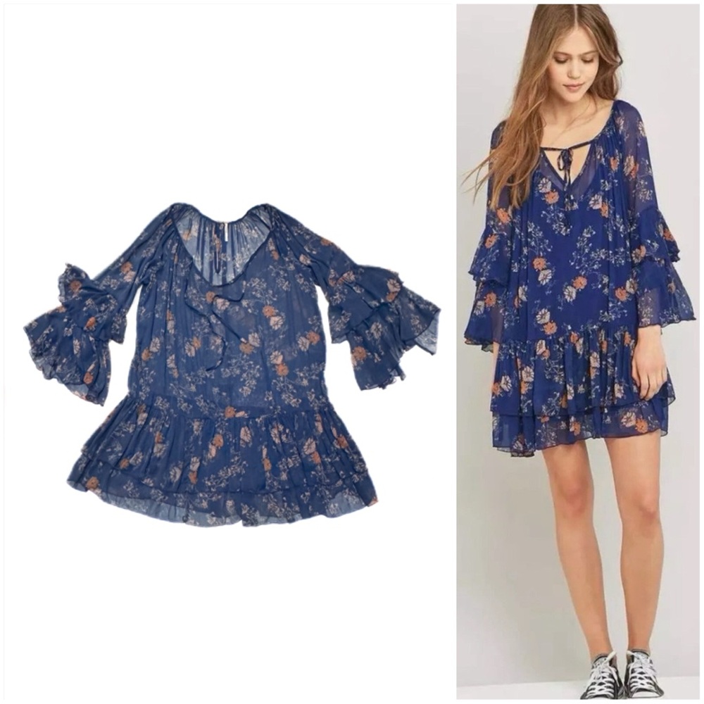 Free People Sunsetter Floral Blue Minidress Sheer Oversized Overlay Dress